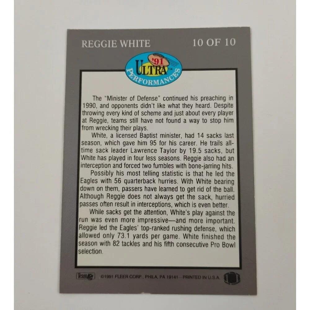 Philadelphia Eagles REGGIE WHITE Performances 1991 Fleer Ultra #10 of 10